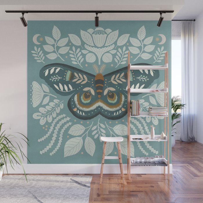 Folk Art Moth - Blue Gray Wall Mural Gallery Image 1