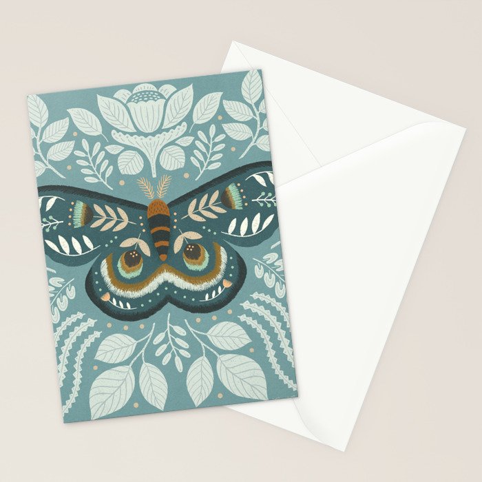 Folk Art Moth - Blue Gray Stationery Card Gallery Image 2
