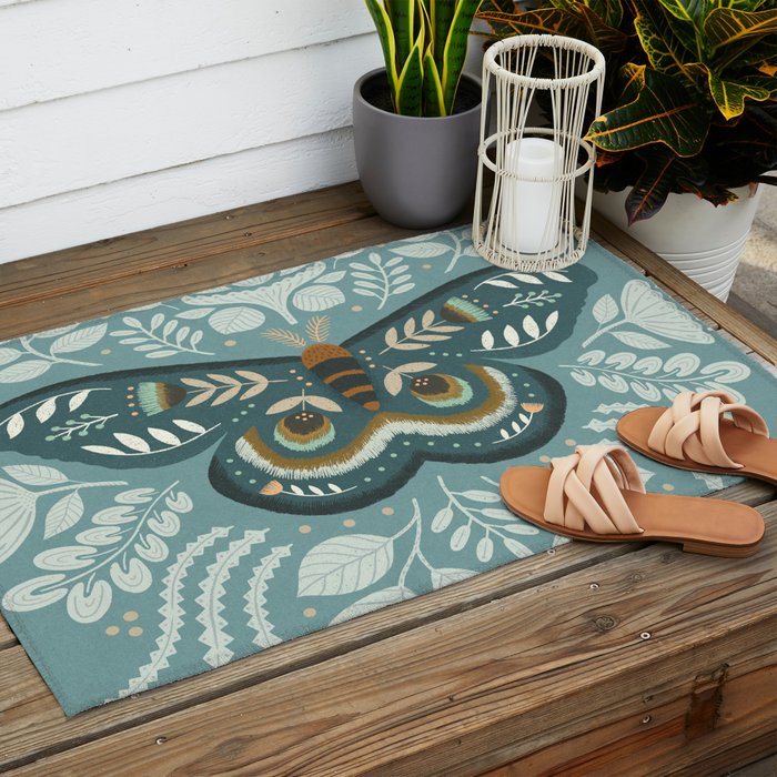 Folk Art Moth - Blue Gray Outdoor Rug Gallery Image 2