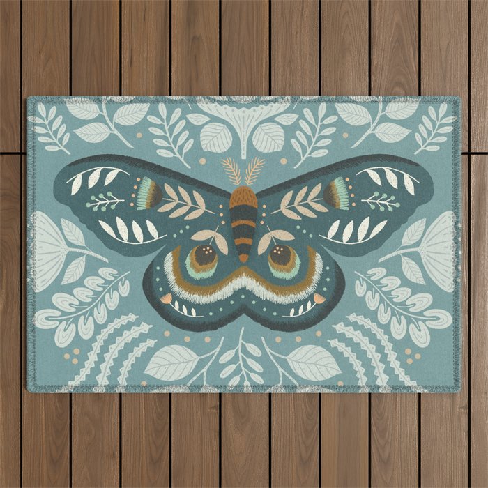 Folk Art Moth - Blue Gray Outdoor Rug Gallery Image 1