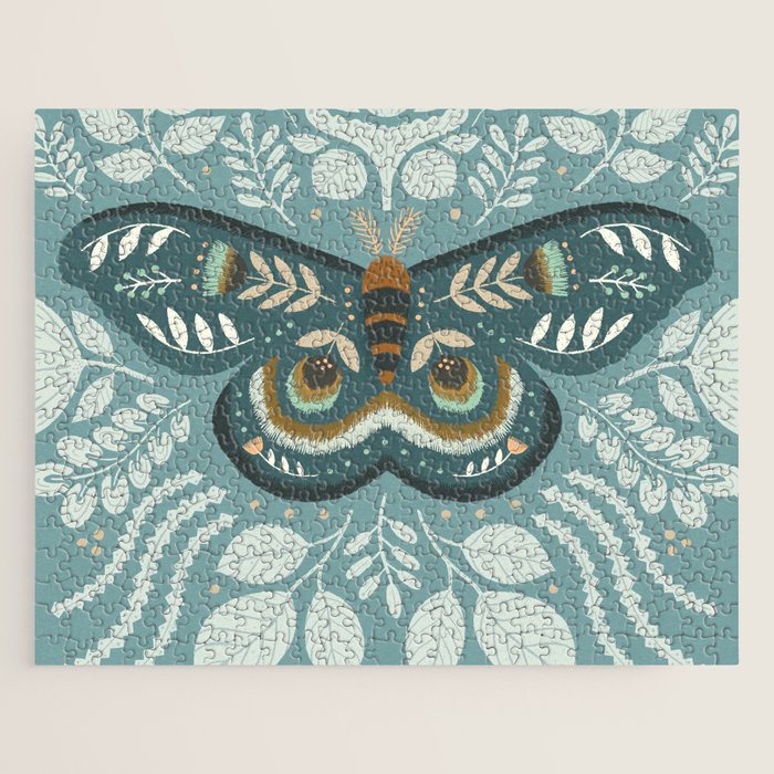 Folk Art Moth - Blue Gray Jigsaw Puzzle Gallery Image 1
