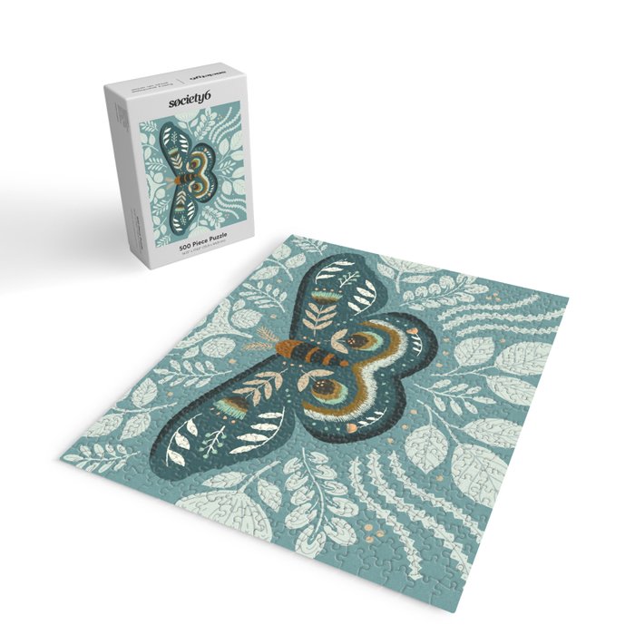 Folk Art Moth - Blue Gray Jigsaw Puzzle Gallery Image 2