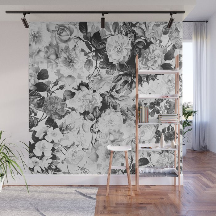Black gray modern watercolor roses floral pattern Wall Mural Gallery Image 1