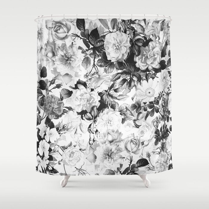 Black gray modern watercolor roses floral pattern Shower Curtain Gallery Image 1