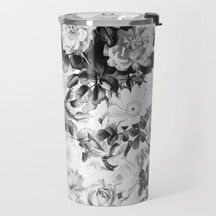 Black gray modern watercolor roses floral pattern Travel Mug Gallery Image 2