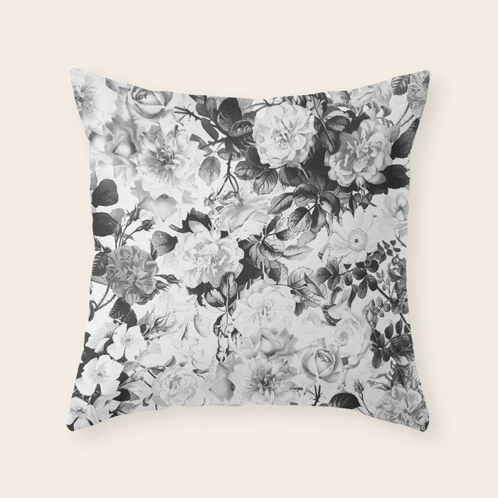 Black gray modern watercolor roses floral pattern Throw Pillow Gallery Image 6
