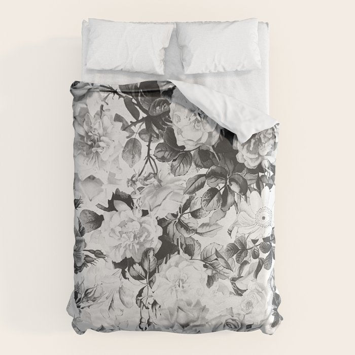 Black gray modern watercolor roses floral pattern Duvet Cover Gallery Image 1