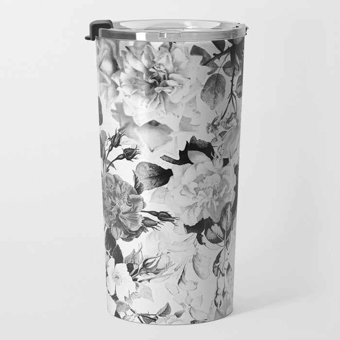 Black gray modern watercolor roses floral pattern Travel Mug Gallery Image 3