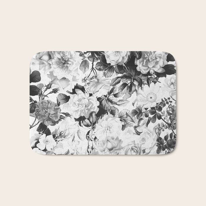 Black gray modern watercolor roses floral pattern Bath Mat Gallery Image 1