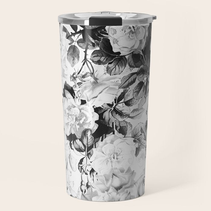Black gray modern watercolor roses floral pattern Travel Mug Gallery Image 1