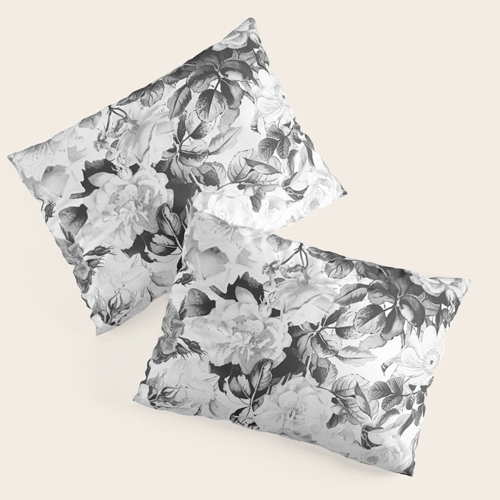 Black gray modern watercolor roses floral pattern Pillow Sham Gallery Image 3