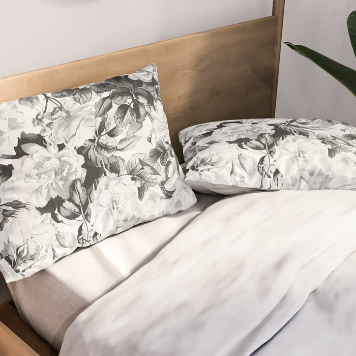 Black gray modern watercolor roses floral pattern Pillow Sham Gallery Image 2