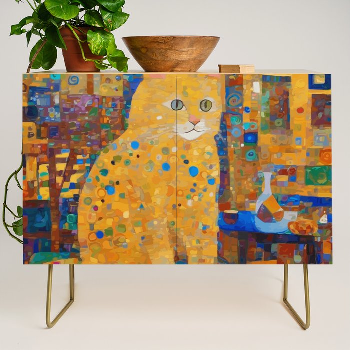 Klimt Tabby Cat in Colorful Room Credenza Gallery Image 1