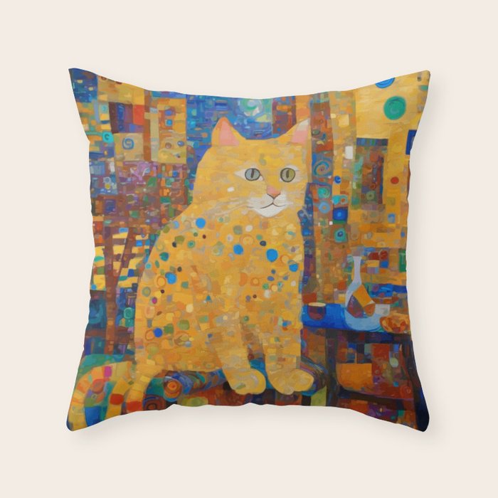 Klimt Tabby Cat in Colorful Room Throw Pillow Gallery Image 1