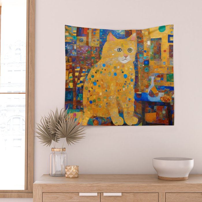 Klimt Tabby Cat in Colorful Room Wall Tapestry Gallery Image 2