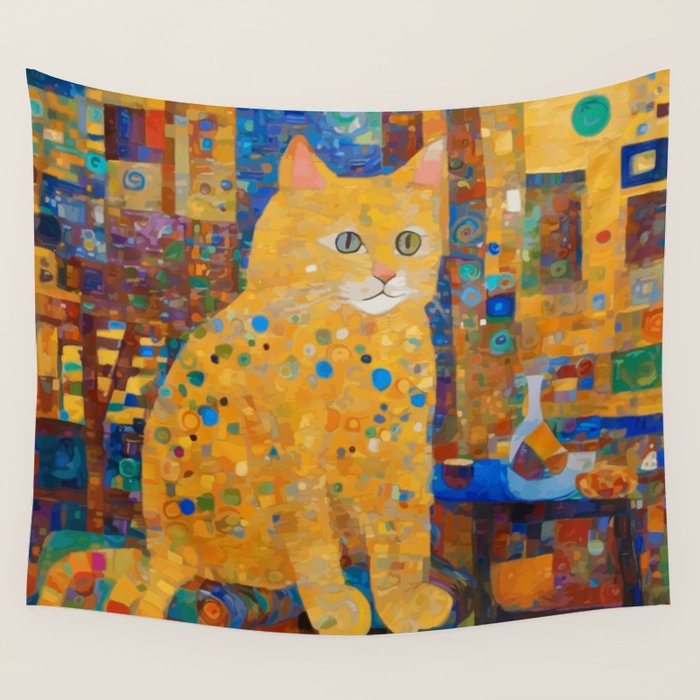 Klimt Tabby Cat in Colorful Room Wall Tapestry Gallery Image 4