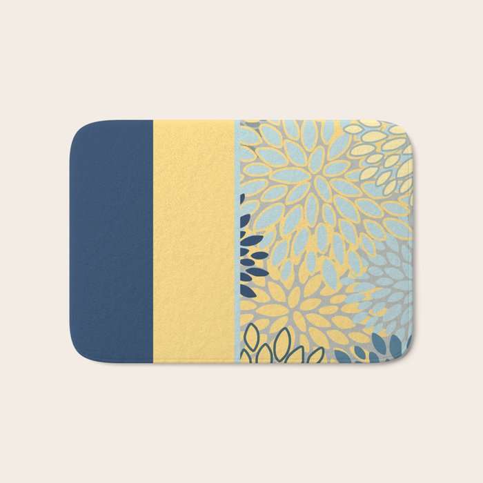 Modern, Color Block, Floral Prints, Blue and Yellow Bath Mat Gallery Image 1