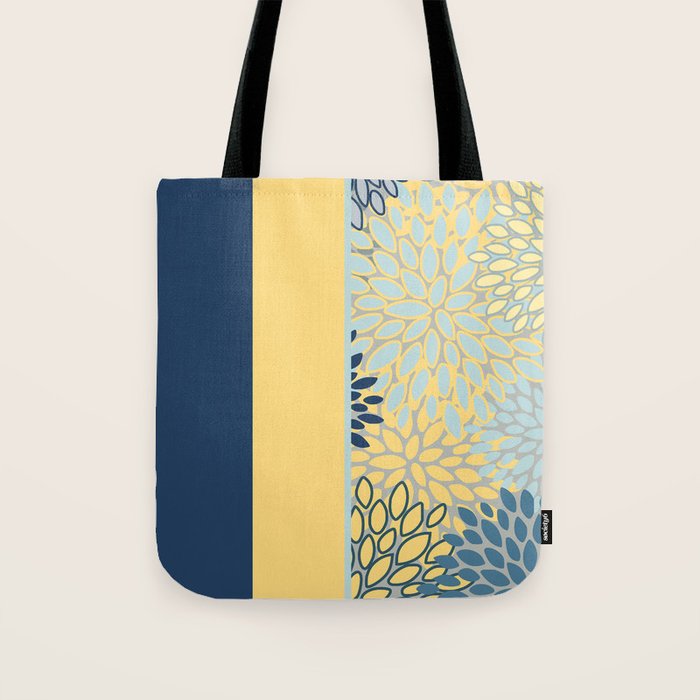 Modern, Color Block, Floral Prints, Blue and Yellow Tote Bag Gallery Image 1