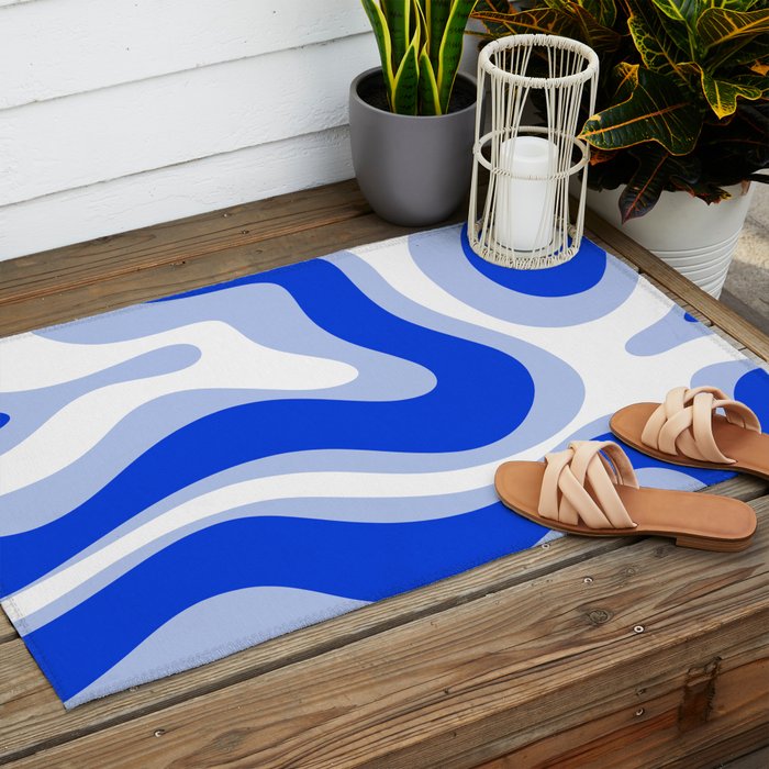 Modern Liquid Swirl Abstract Pattern Square Royal Blue, Light Blue, White Outdoor Rug Gallery Image 2