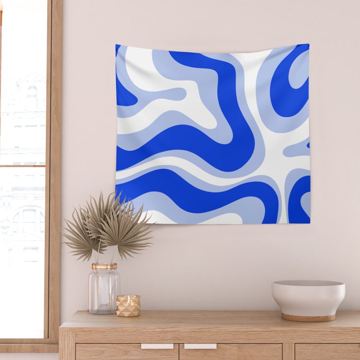 Modern Liquid Swirl Abstract Pattern Square Royal Blue, Light Blue, White Wall Tapestry Gallery Image 2