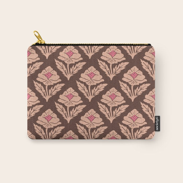 Heirloom Floral Block Print - Pink Brown Carry All Pouch Gallery Image 1