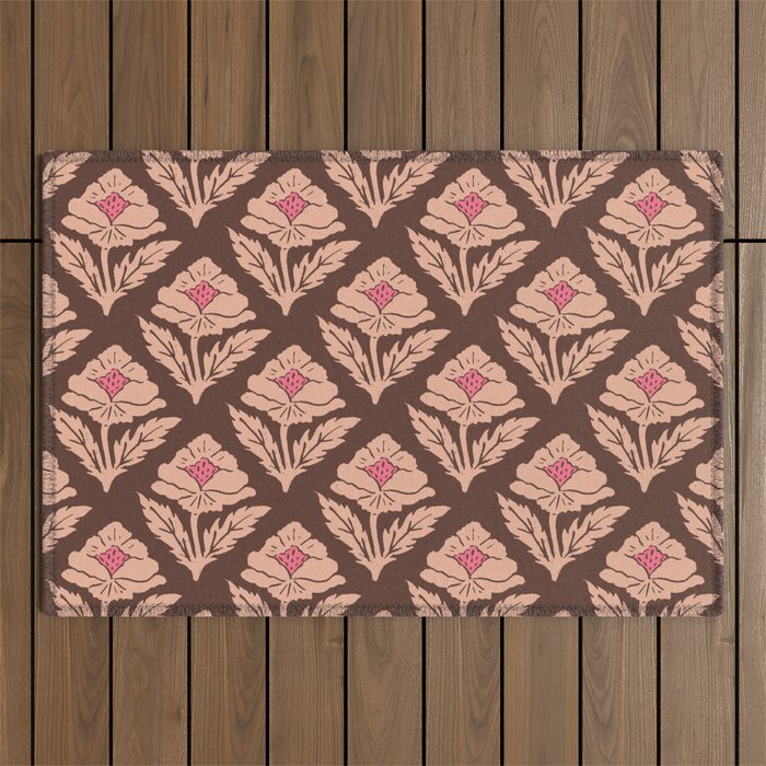 Heirloom Floral Block Print - Pink Brown Outdoor Rug Gallery Image 1