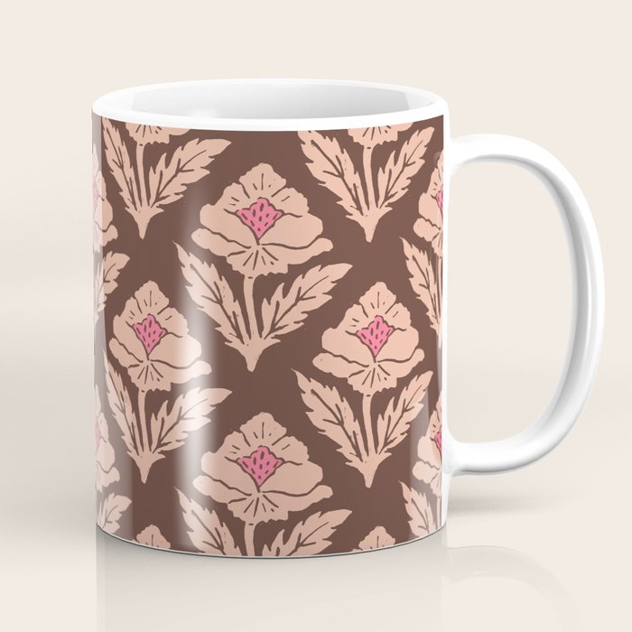 Heirloom Floral Block Print - Pink Brown Coffee Mug Gallery Image 1