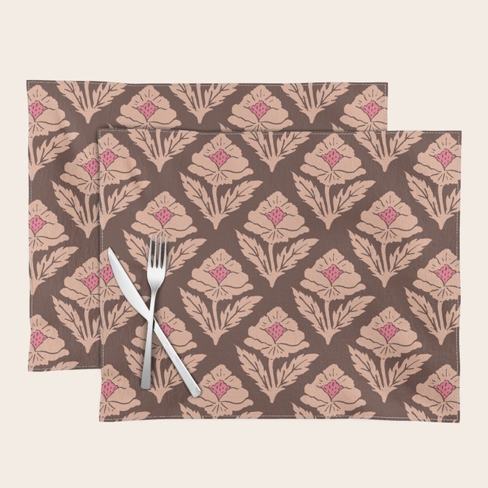 Heirloom Floral Block Print - Pink Brown Placemat Gallery Image 1