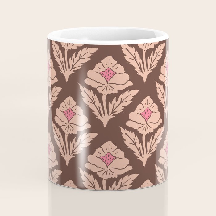Heirloom Floral Block Print - Pink Brown Coffee Mug Gallery Image 4