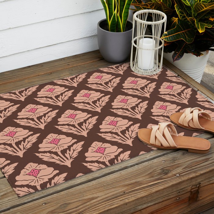 Heirloom Floral Block Print - Pink Brown Outdoor Rug Gallery Image 2