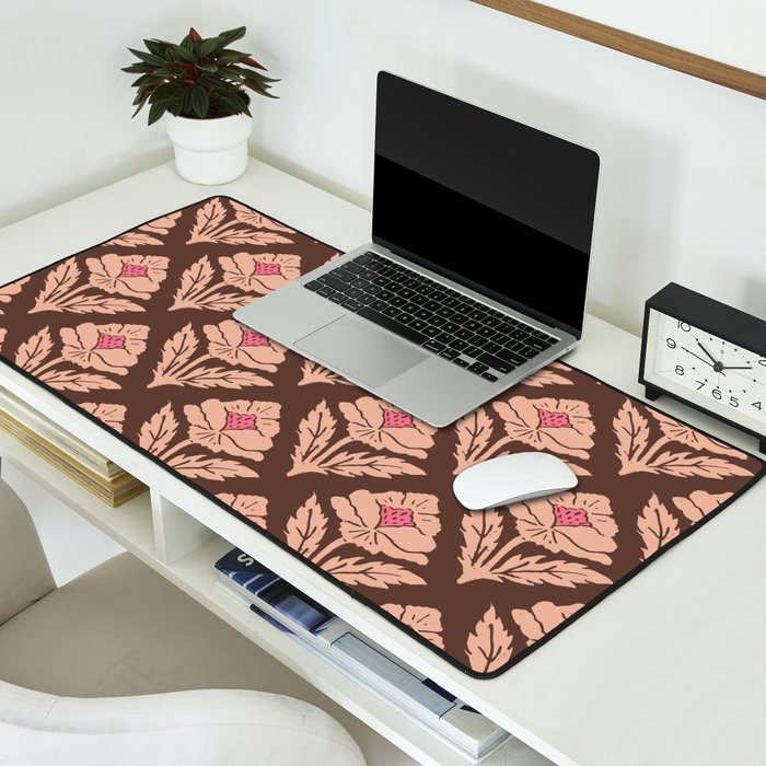 Heirloom Floral Block Print - Pink Brown Desk Mat Gallery Image 2