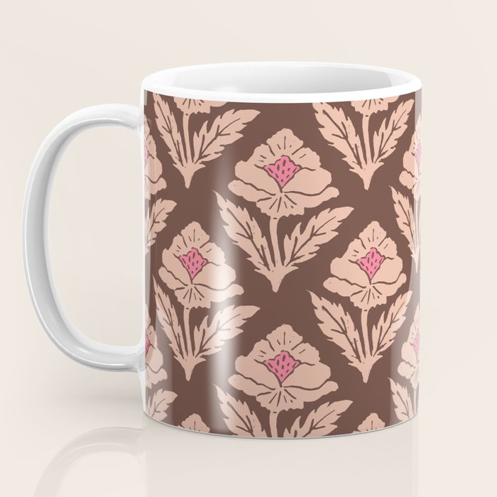 Heirloom Floral Block Print - Pink Brown Coffee Mug Gallery Image 3
