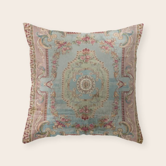 Antique French Rose Blue Aubusson  Throw Pillow Gallery Image 1