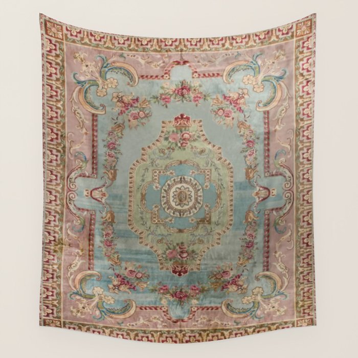 Antique French Rose Blue Aubusson  Wall Tapestry Gallery Image 4