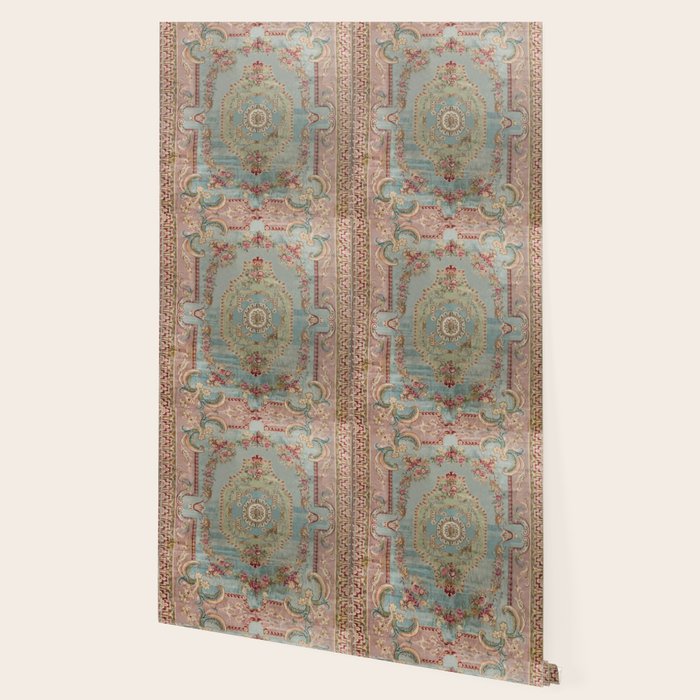 Antique French Rose Blue Aubusson  Wallpaper Gallery Image 2