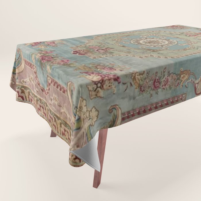 Antique French Rose Blue Aubusson  Tablecloth Gallery Image 1