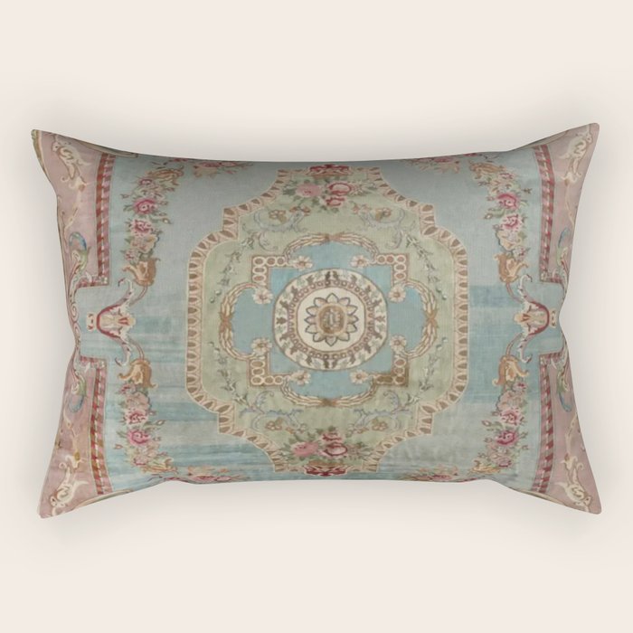 Antique French Rose Blue Aubusson Rectangular Pillow