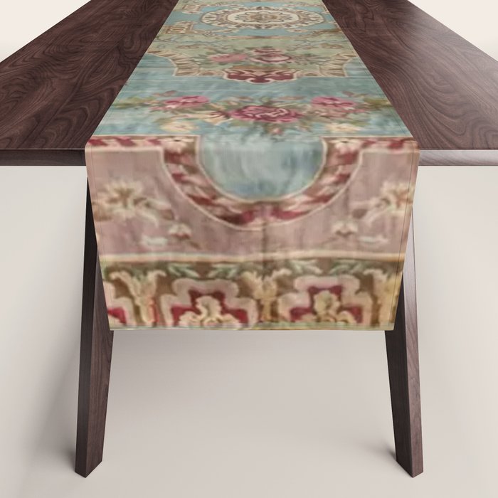 Antique French Rose Blue Aubusson  Table Runner Gallery Image 1