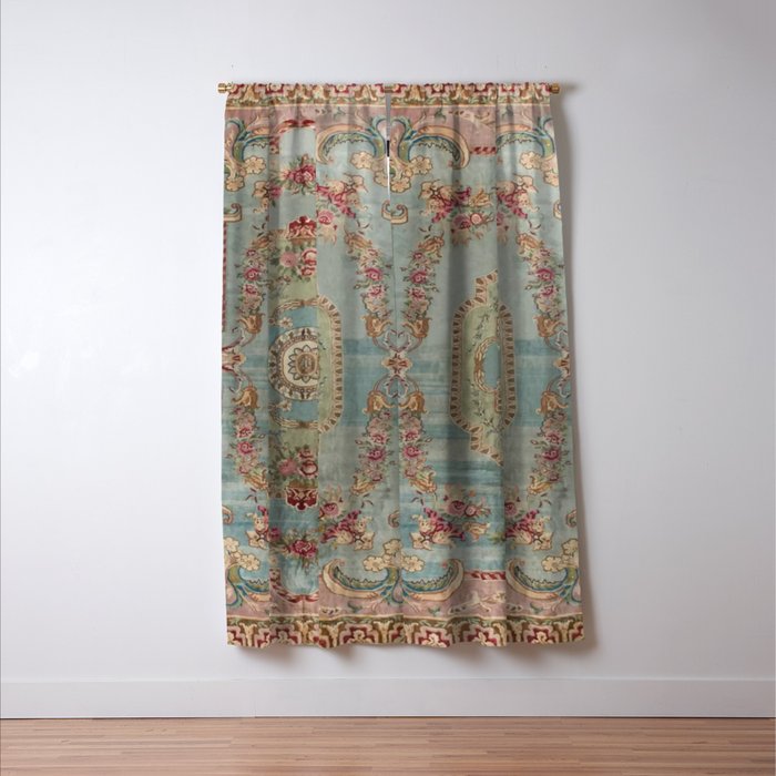 Antique French Rose Blue Aubusson  Window Curtain Gallery Image 3