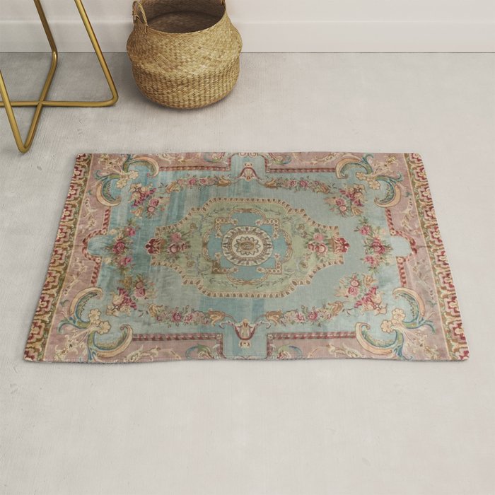 Antique French Rose Blue Aubusson Rug