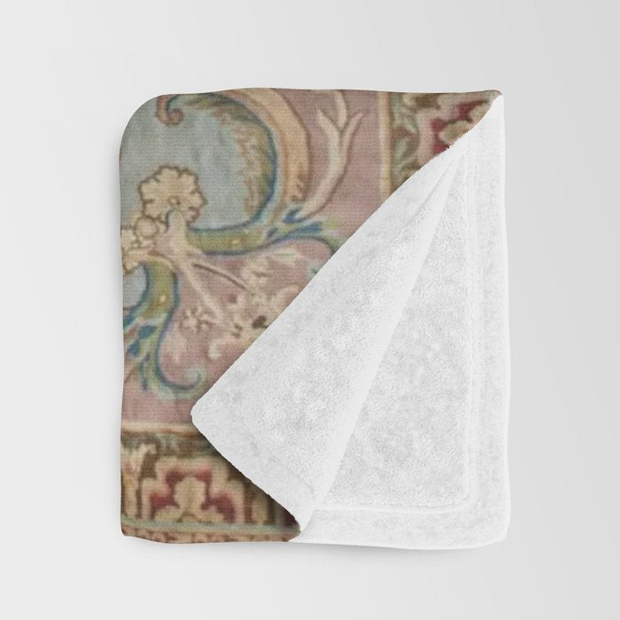 Antique French Rose Blue Aubusson  Throw Blanket Gallery Image 3
