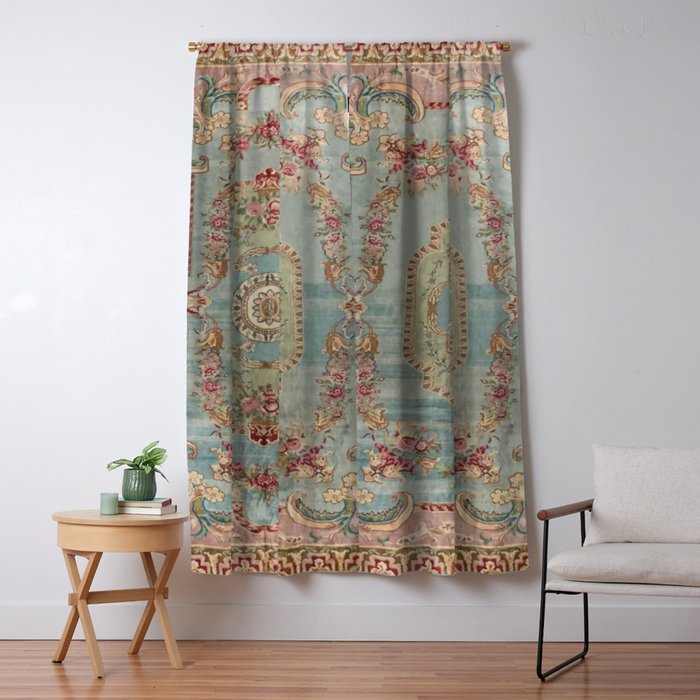 Antique French Rose Blue Aubusson  Window Curtain Gallery Image 1