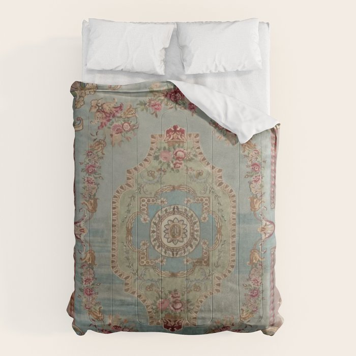 Antique French Rose Blue Aubusson Comforter