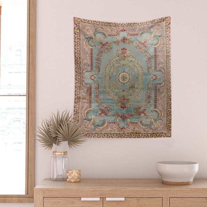 Antique French Rose Blue Aubusson  Wall Tapestry Gallery Image 2