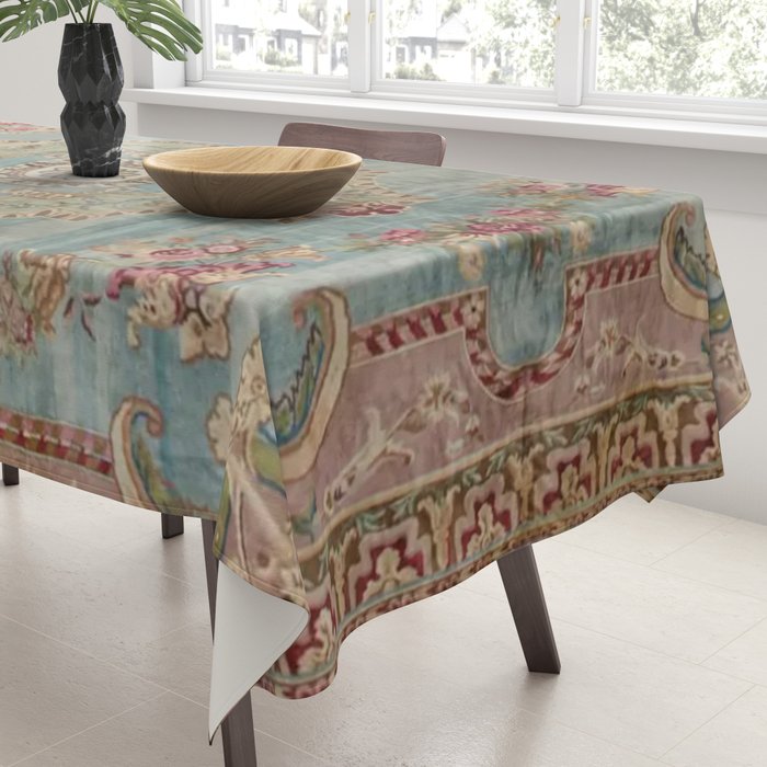Antique French Rose Blue Aubusson  Tablecloth Gallery Image 3