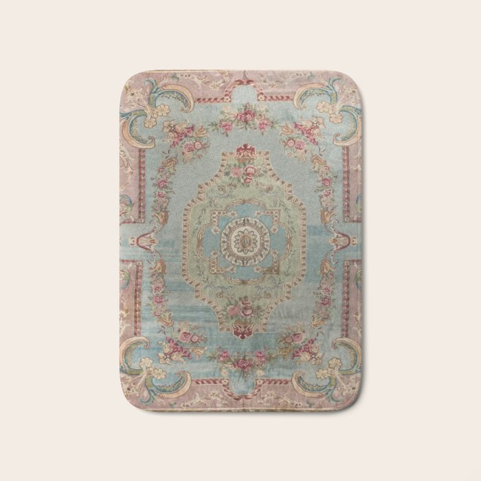 Antique French Rose Blue Aubusson Bath Mat