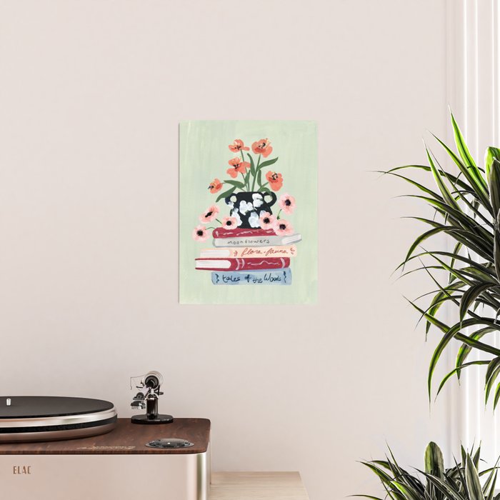 Still Life Art Print with Books and Flowers Poster Gallery Image 2