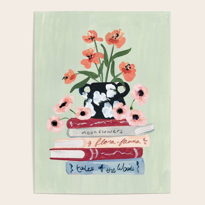 Still Life Art Print with Books and Flowers Poster Gallery Image 1