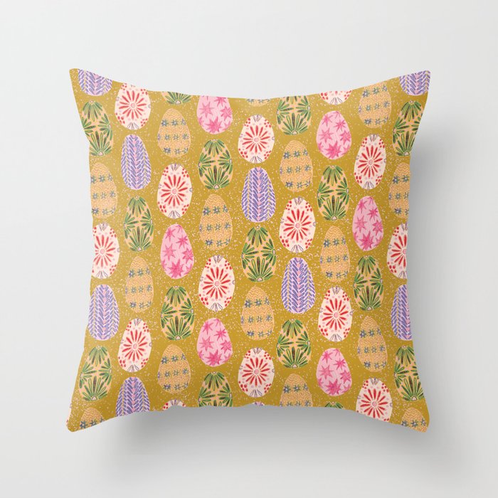 Colorful Folk Art Easter Eggs in Sandy Brown & Pink Throw Pillow Gallery Image 1