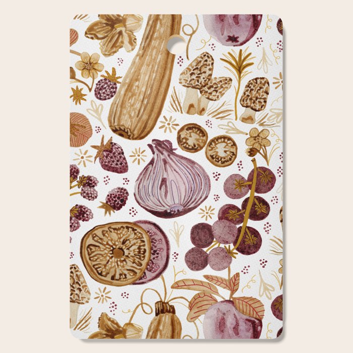 Garden Vegetables & Fresh Fruit in Ochre & Burgundy Cutting Board Gallery Image 1